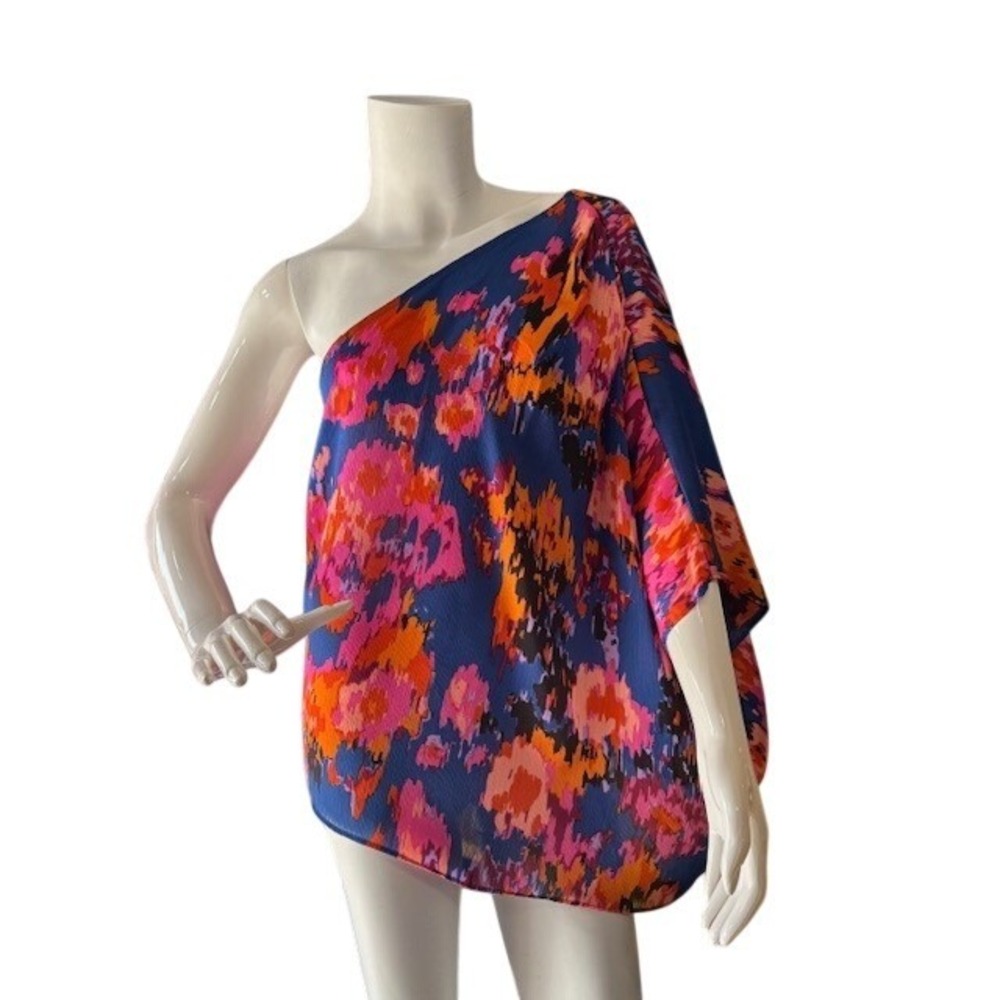 NWT-She+Sky One Shoulder Blouse 2XL Blue/Pink Orange Abstract Floral